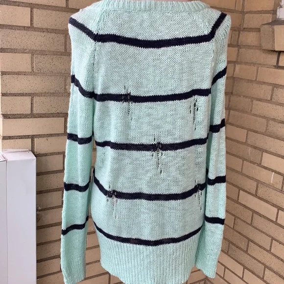 Miracle Mint Green Distressed Wide Neck Knit Stripe Top - Picture 6 of 11